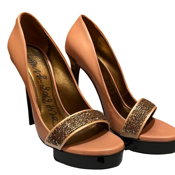 Lanvin Paris open toe platform heel sandals, nude and black with studded vamp - Picture 5 of 14